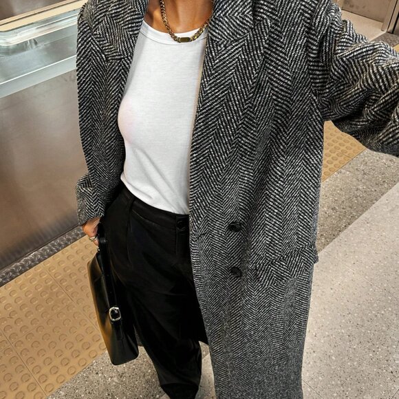 Grey Casual Women's Herringbone Lapel Collar Long Sleeve Overcoat - Picture 4 of 6